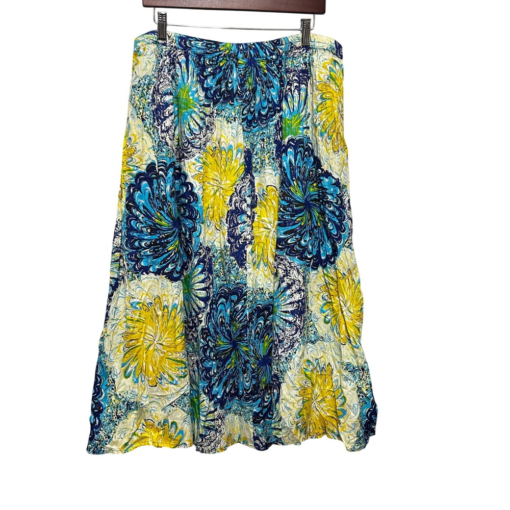 Serengeti Women Boho‎ Cottage Coastal A-Line Midi Skirt L Blue Yellow Floral